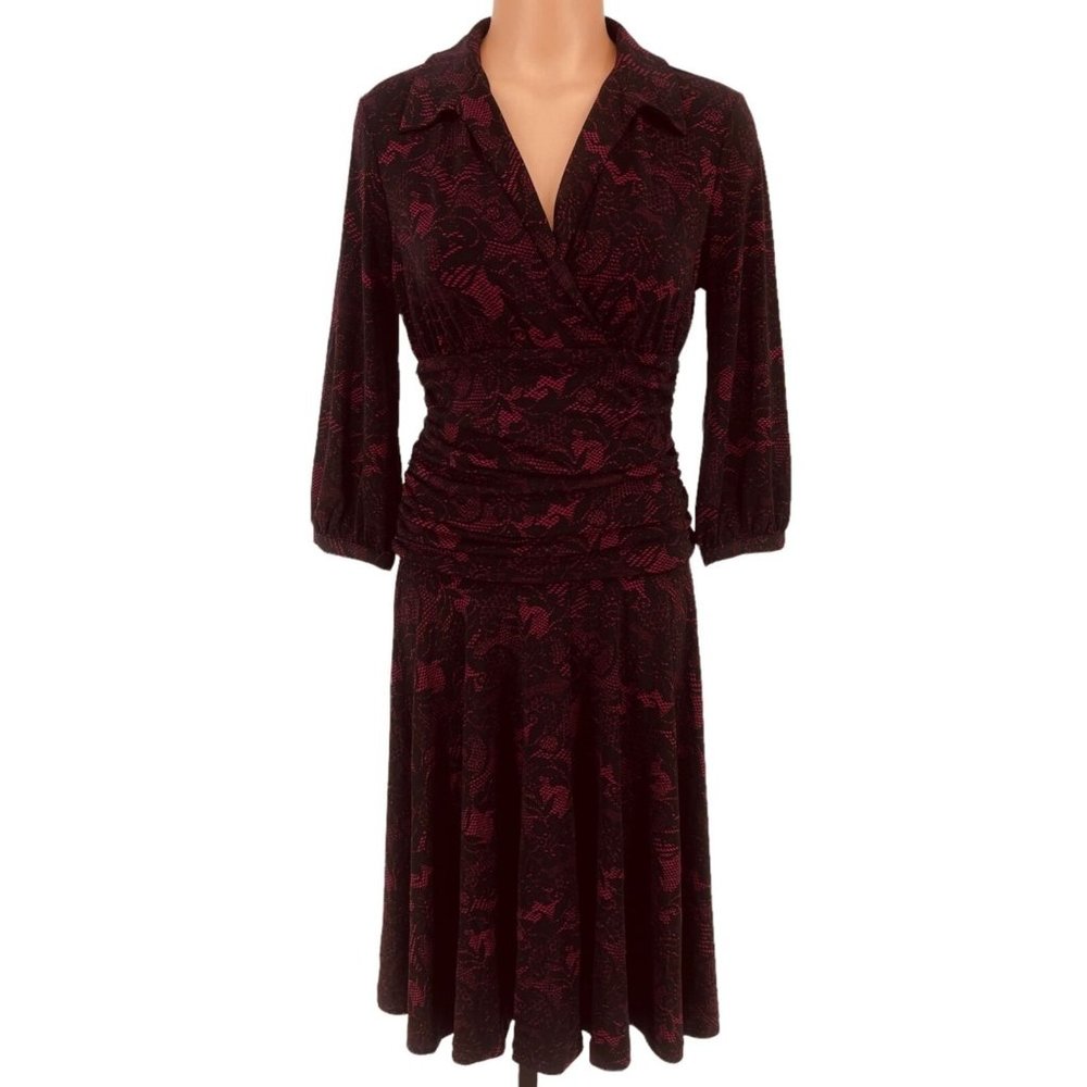 NWT Shape FX Dress S Pink Black Lace Ruched Fit Flare 3/4 Sleeve Built in Girdle